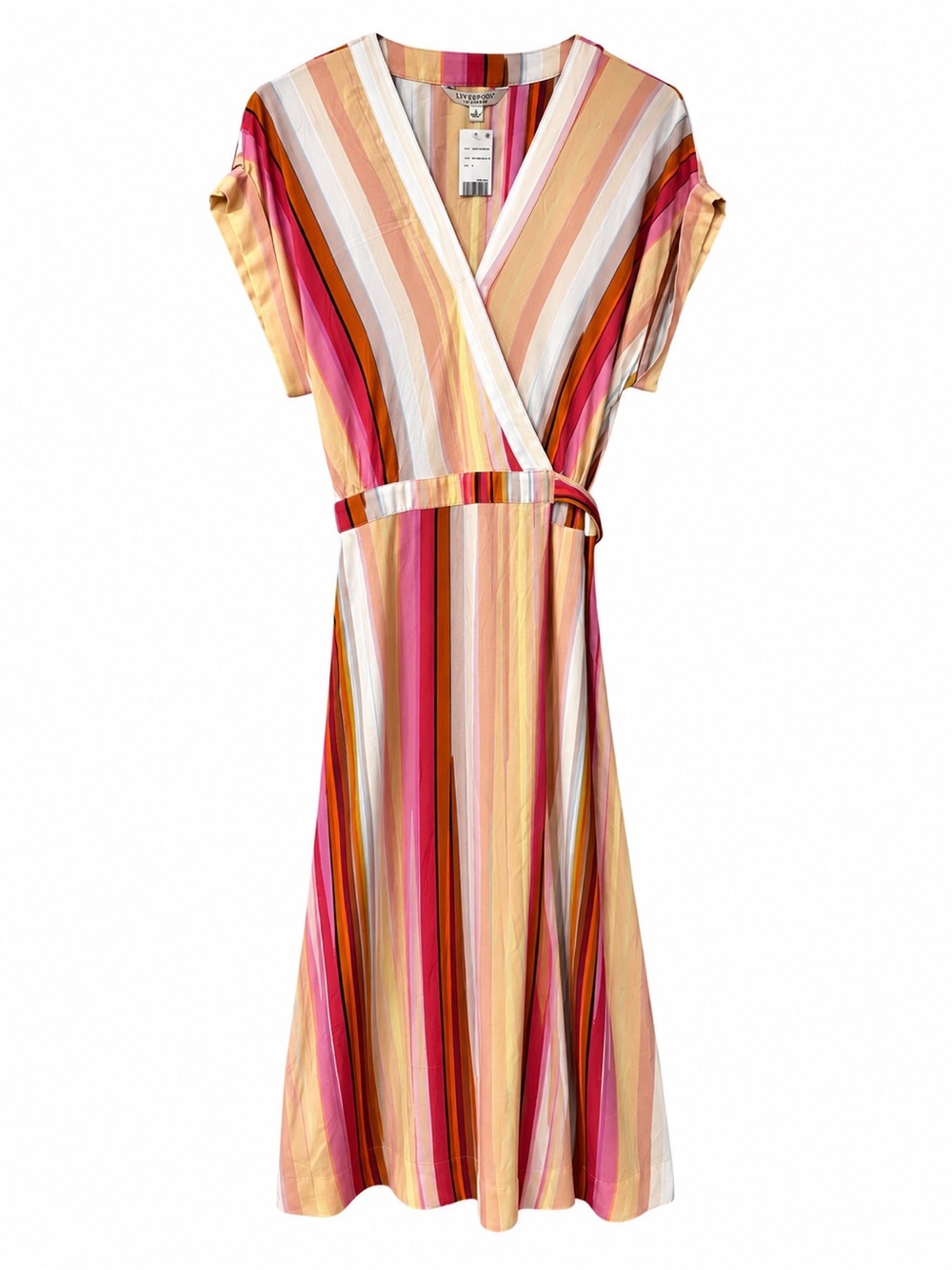 Liverpool Los Angeles NWT Striped Faux Wrap Midi Dress Small Colorful Tie Waist